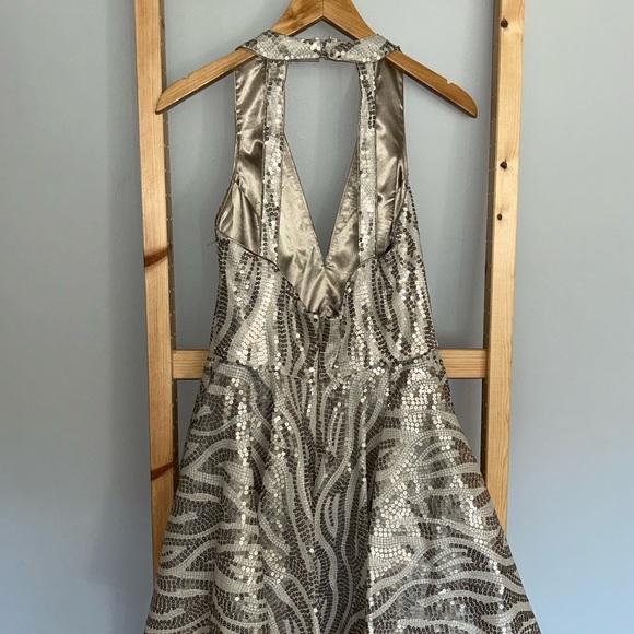 BeBe Sequin Fit & Flare Dress, Beige with Pewter Sequins - Picture 2 of 6